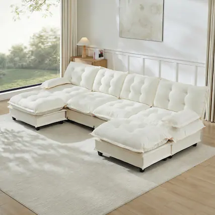 Front. Anysun - 138" U-Shape Cloud Sectional with 2 Ottomans - Modular Chenille Sofa, 4-Seat Deep Design, Lattice-Decor Cushions - White.