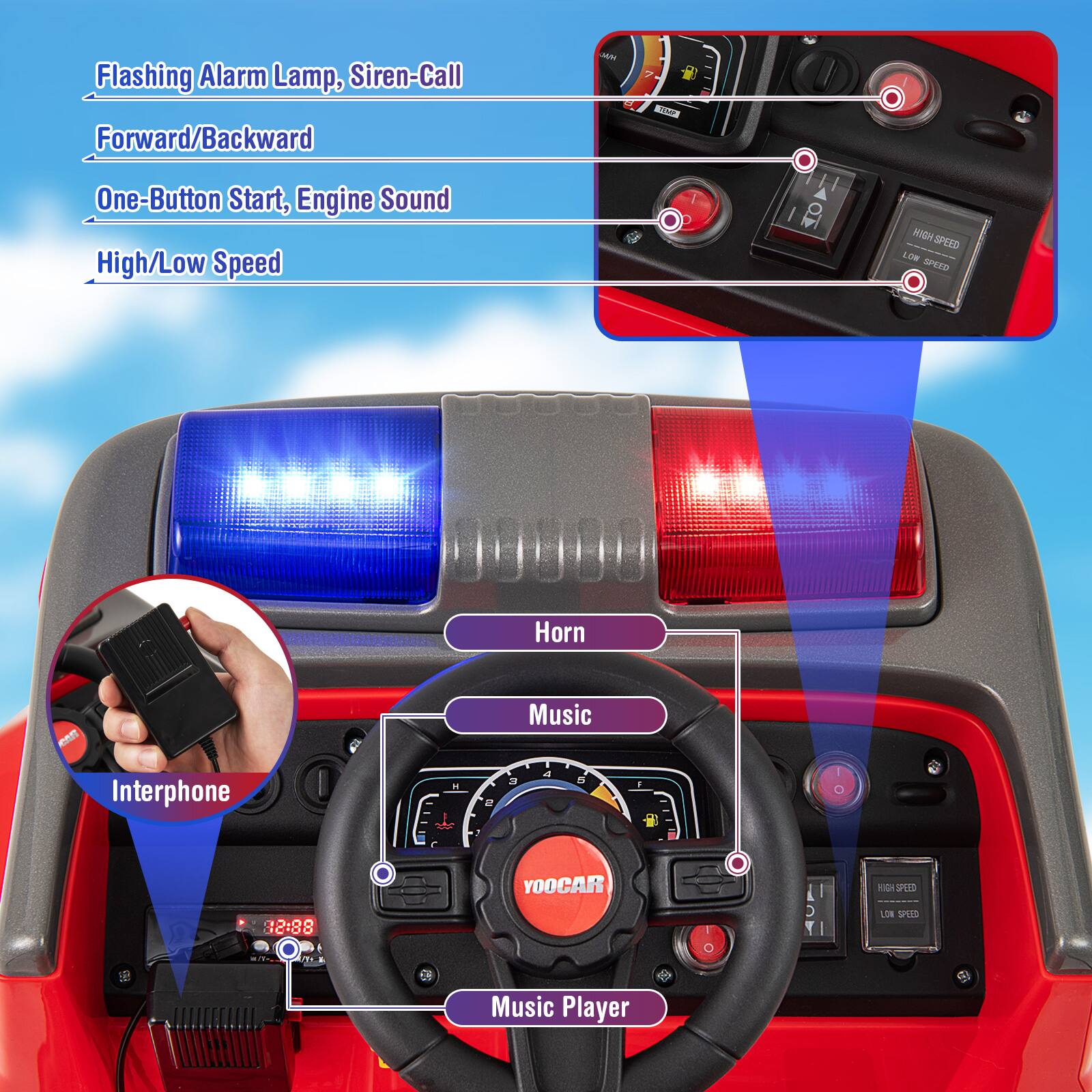 - Flashing Alarm Lamp, Siren-Call
- Forward/Backward
- One-Button Start, Engine Sound
- High/Low Speed
- Horn
- Music
- Interphone
- Music Player