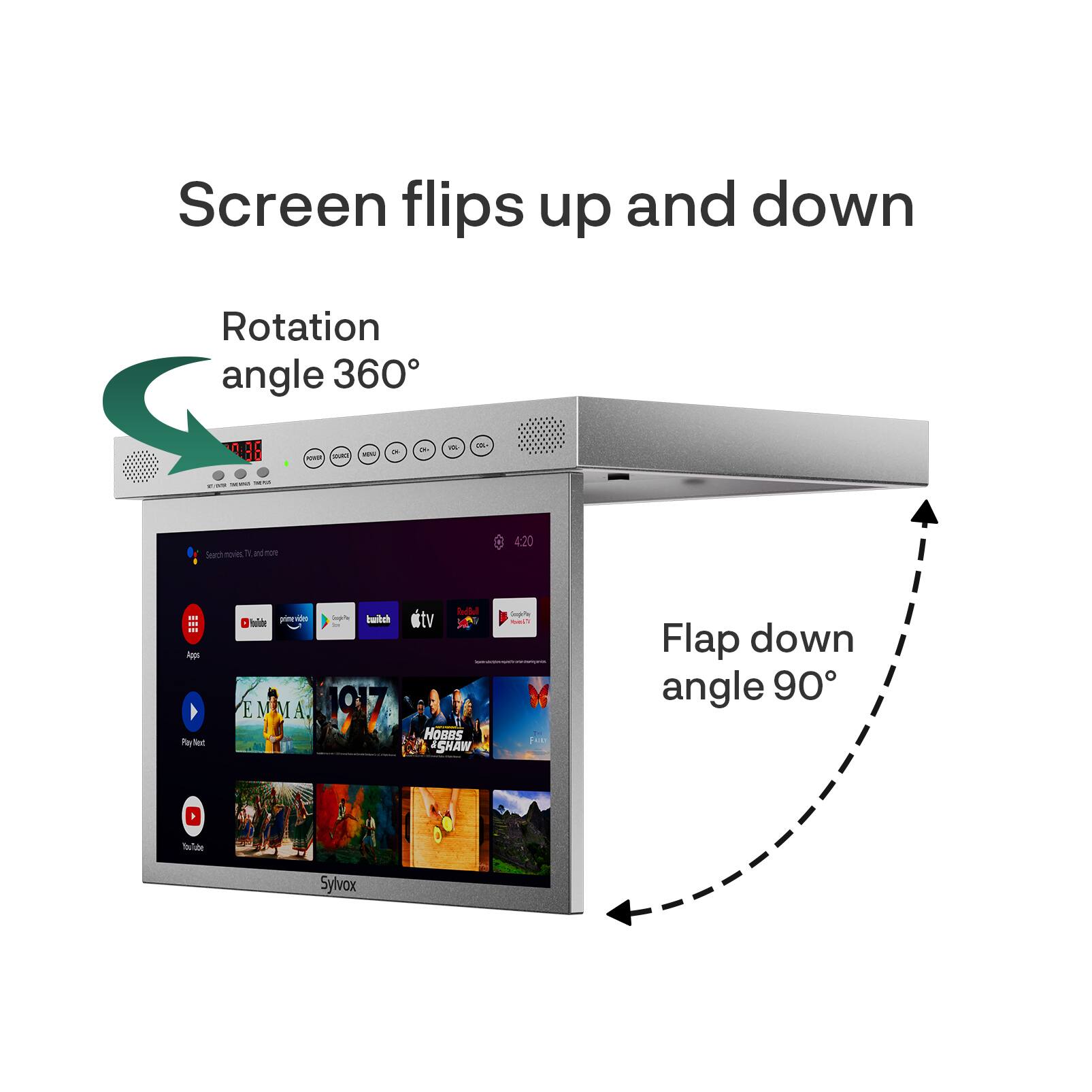 Screen flips up and down  
Rotation angle 360°  
0.00 OU  
ASSICIAL adidas  
100  
De  
Dr  
300 30 1.0  
Search noves V.  
none  
4:20  
21 " 21 Apps PayMed  
prine vidad bade EMMA,  
bwitch  
Reddit YOU HOBBS #SHAW  
Coople bell FREE  
Flap down angle 90  
buTube  
Sylvox