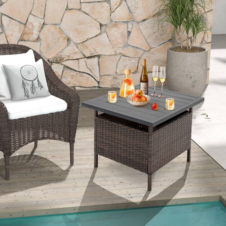 Front. Mondawe - Square Wicker Patio Side Table w/ Umbrella Hole, Rattan Outdoor Bistro Table for Poolside Garden - Black.