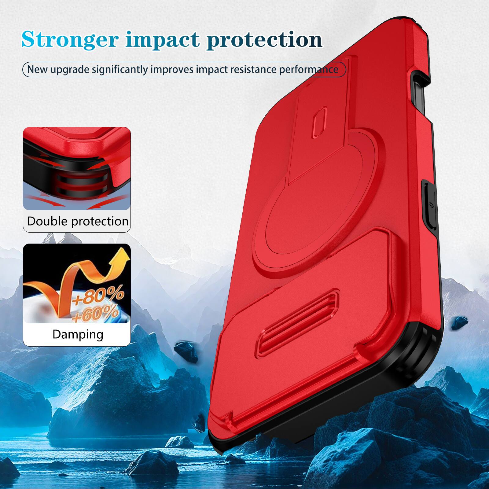 Stronger impact protection  
New upgrade significantly improves impact resistance performance  
Double protection  
+80% +60% Damping