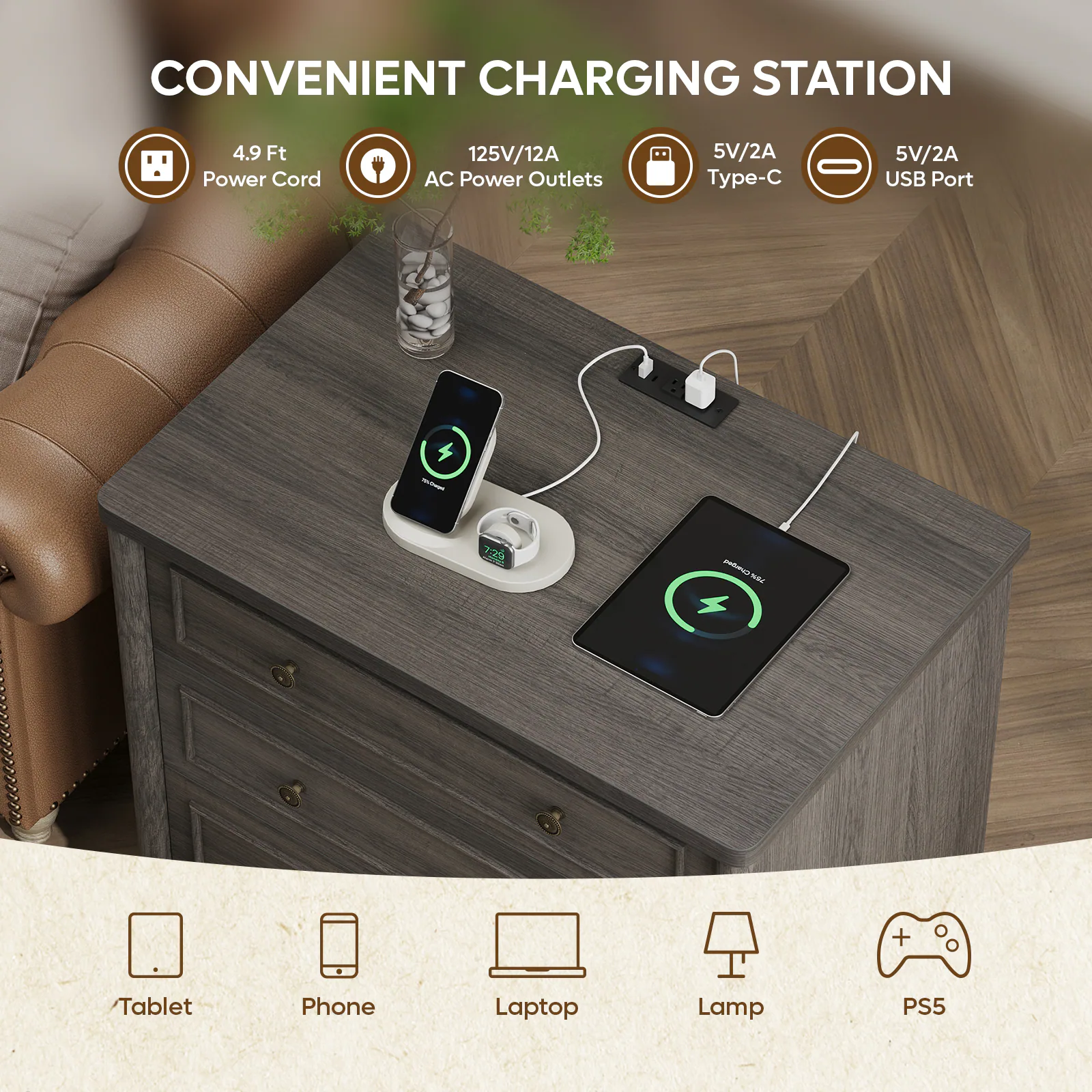 CONVENIENT CHARGING STATION

- 4.9 Ft Power Cord
- 125V/12A AC Power Outlets
- 5V/2A Type-C
- 5V/2A USB Port

Tablet, Phone, Laptop, Lamp, PS5