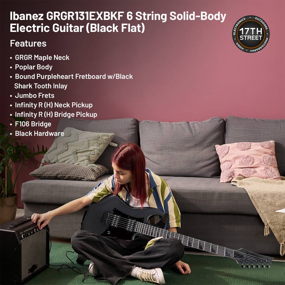 Ibanez GRGR131EXBKF 6 String Solid-Body Electric Guitar (Black Flat)

Features:
- GRGR Maple Neck
- Poplar Body
- Bound Purpleheart Fretboard w/Black Shark Tooth Inlay
- Jumbo Frets
- Infinity R (H) Neck Pickup
- Infinity R (H) Bridge Pickup
- F106 Bridge
- Black Hardware