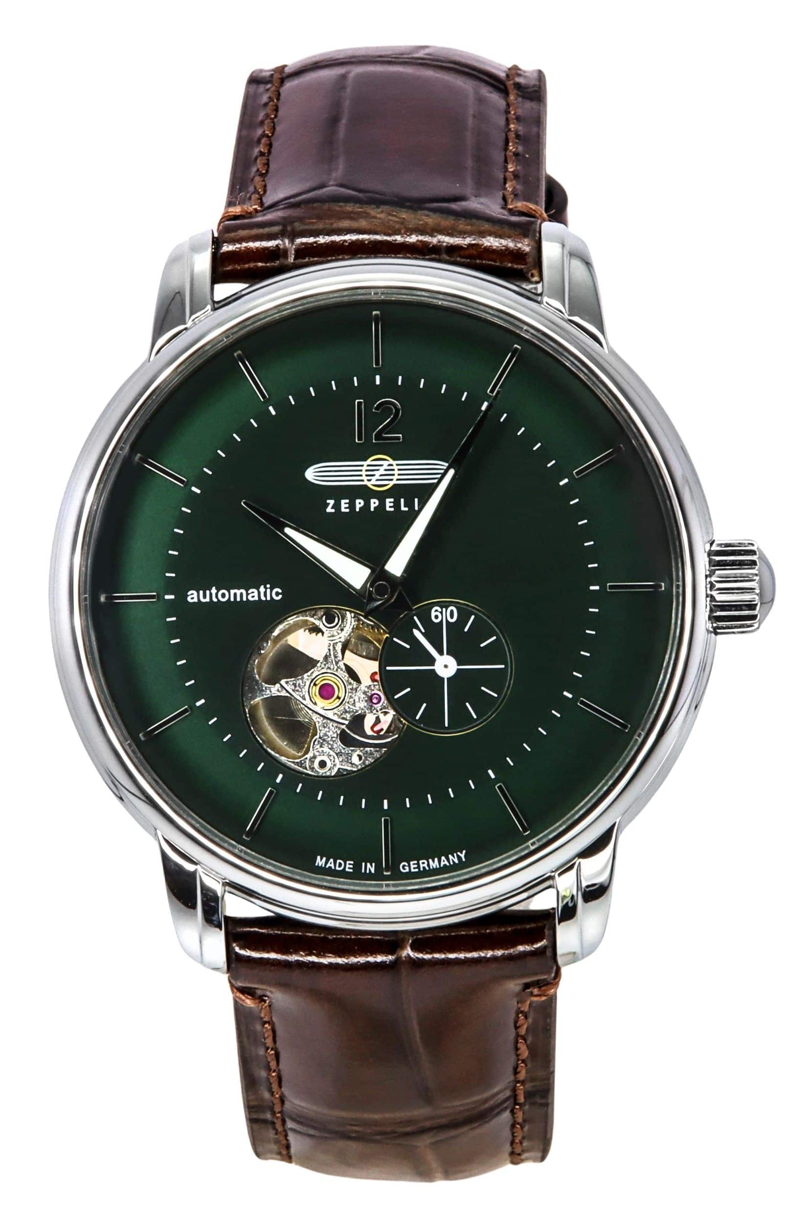 Zeppelin - LZ 120 Bodensee Leather Strap Open Heart Dial Automatic 81664 Men's Watch - Green