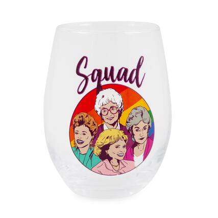 Front. Silver Buffalo - The Golden Girls Rainbow "Squad" Teardrop Stemless Wine Glass | Holds 20 Ounces - Purple.