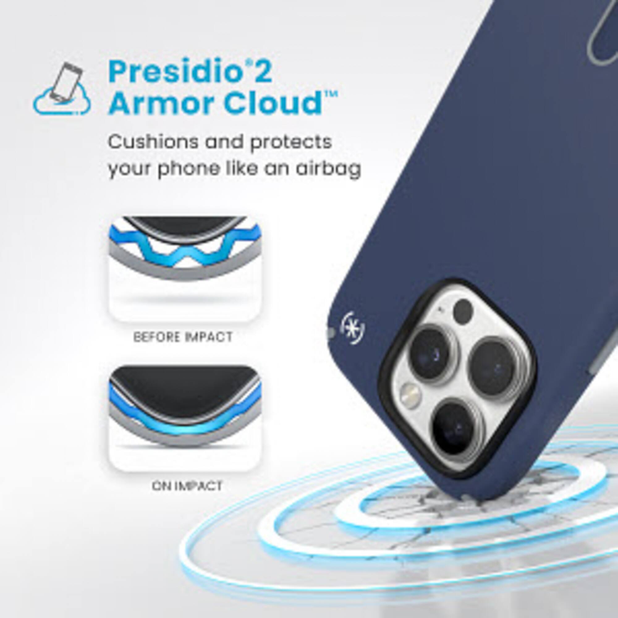 Presidio 2 Armor Cloud: Cushions and protects your phone like an airbag. Before impact. On impact.