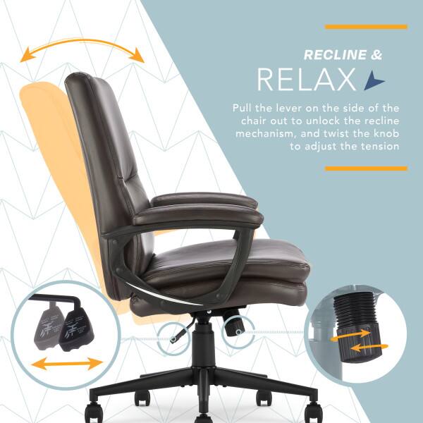 RECLINE & RELAX  
Pull the lever on the side of the chair out to unlock the recline mechanism, and twist the knob to adjust the tension