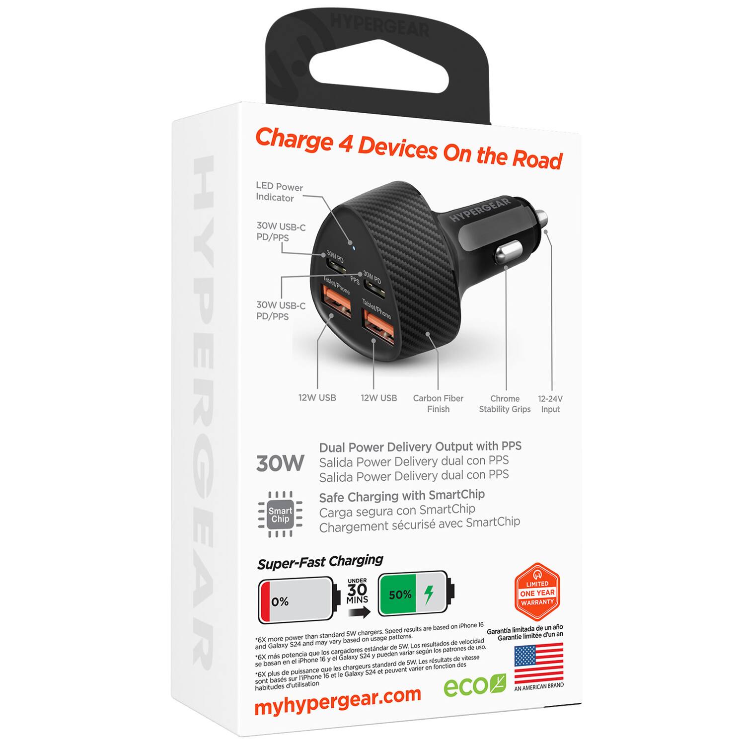 HYPERGEAR Charge 4 Devices On the Road LED Power Indicator HYPERGEAR 30W USB-C PD/PPS 12W USB 12W USB Carbon Fiber Chrome 12-24V Finishing Stability Grips Input HYPERGEAR S and 6X EX 30W Super-Fast basan mld nom Gallany Smart Chip 0% de potencia en power V pulssance e Pione and than que may Chargement standard Safe Salida Salida Carga Dual a que los y Charging vary cargadores of - Galany chargeurs based MINS SW Charging 30 UNDER Power segura Power Power chargens 524 - ecandal 524 weage y standard pueden a pouvent Speed Delivery pattems 50% de scuris Delivery Delivery con de Sw warier LOI segn Les SmartChip resultados are - with M Garantia PPS PPS Garantie PPS lmbtie LIMITED de YEAR run u sfe on EX plus  et e Galany baods sur niPhone so