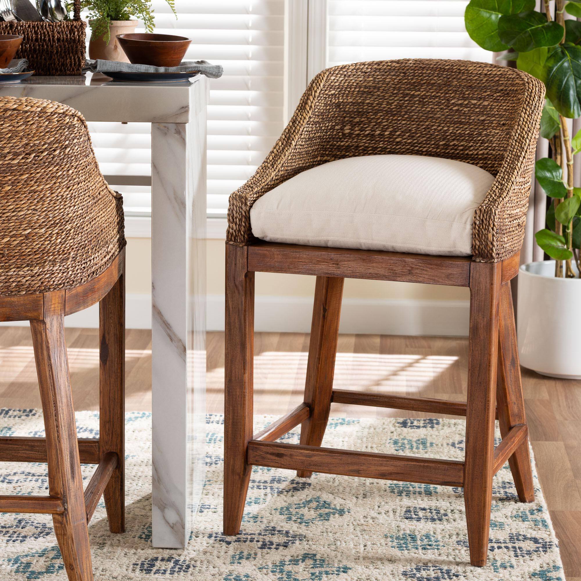 Alt View 4. bali & pari - Jasper Seagrass Counter Stool with Mahogany Wood Frame - Seating with Woven Wingback and Cushioned Seat - Brown Wash.