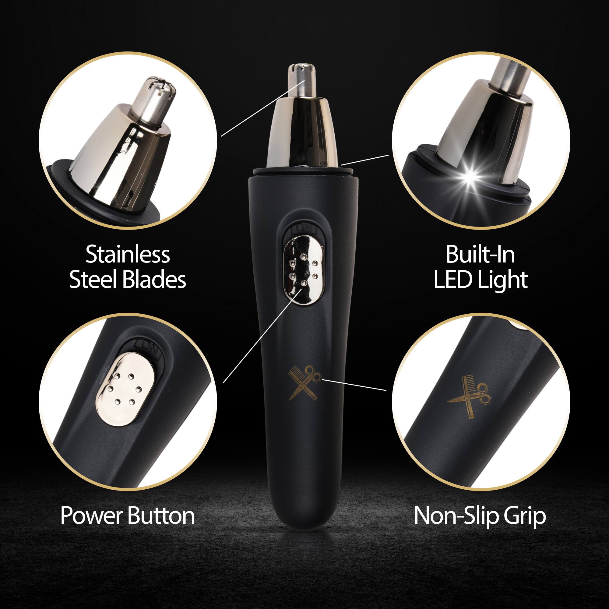 Stainless Steel Blades, Built-In LED Light, Power Button, Non-Slip Grip
