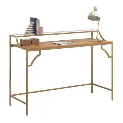 Front. Glintex - Ornate Writing Desk,Glass Shelf, Spacious Work Surface, Sturdy Satin Gold Metal Frame, Compact Design for Home or Office - Brown.