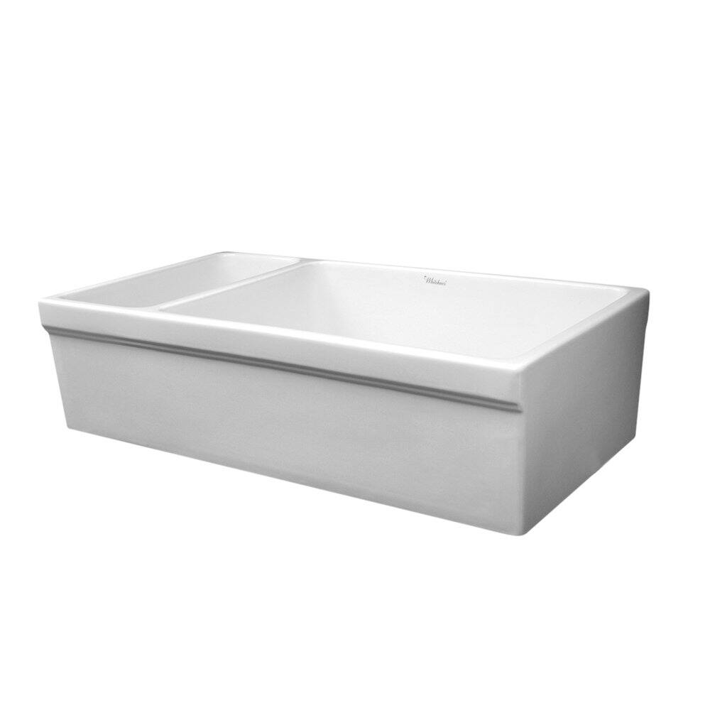 Front. Whitehaus - Whitehaus Farmhaus Fireclay Quatro Alcove Large Reversible Sink and Small Bowl with Decorative 2 ½ Lip on Both Sides - White.