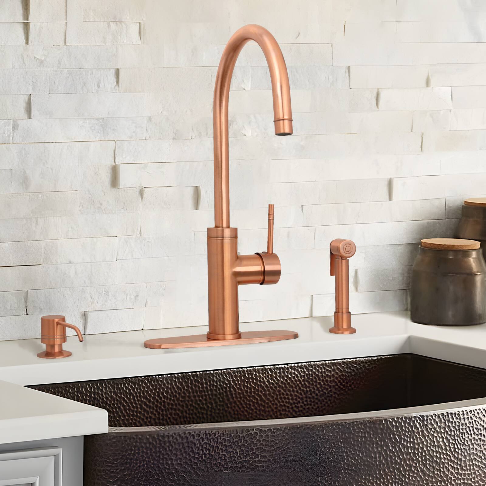 Alt View 7. Akicon - Akicon Solid Brass Single Handle 360° Swivel Widespread Kitchen Faucet with Side Sprayer in Antique Copper - Copper.
