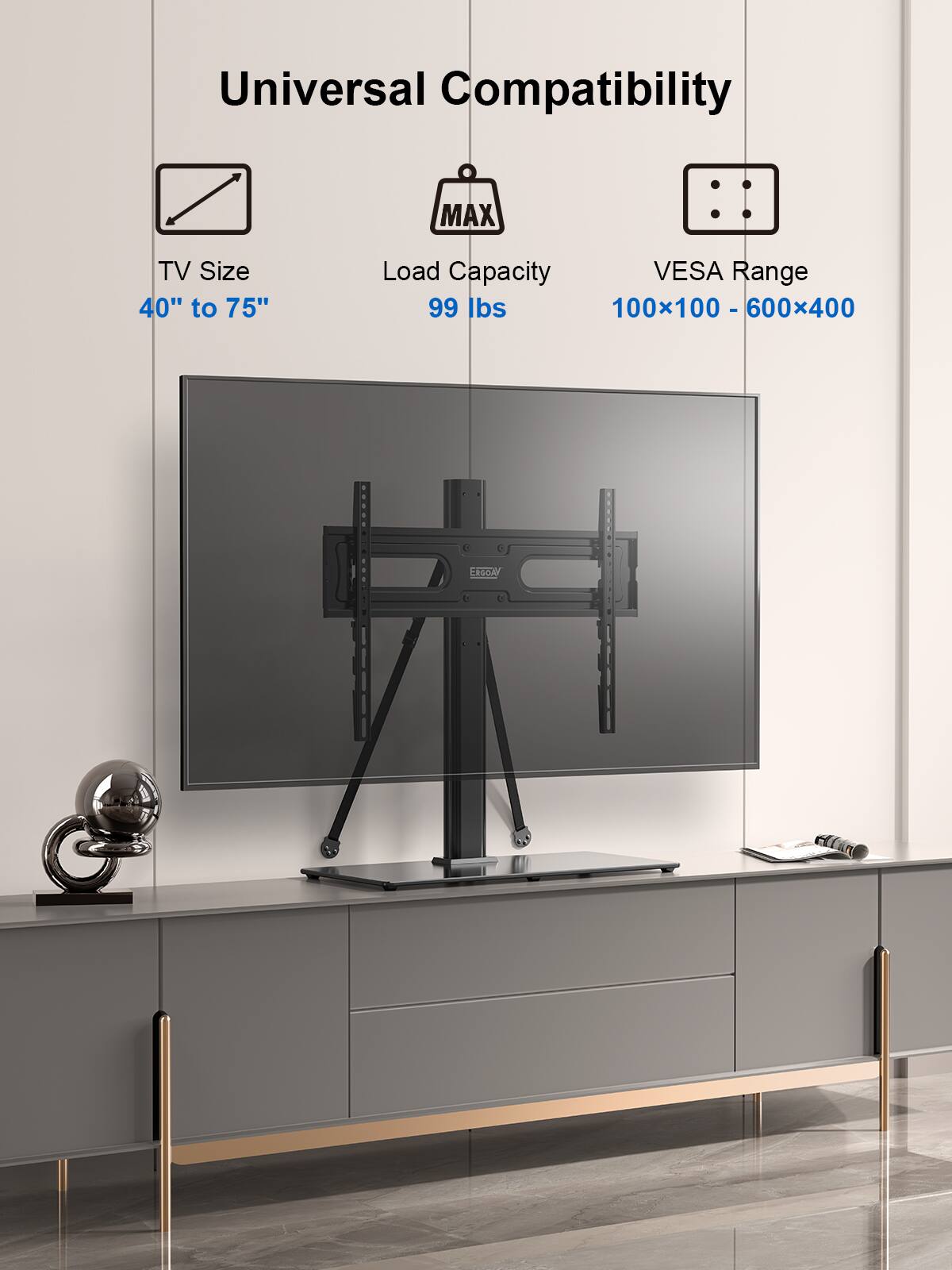 Universal Compatibility: MAX TV Size: 40" to 75" Load Capacity: VESA Range 99 lbs 100x100 - 600x400 - CNo