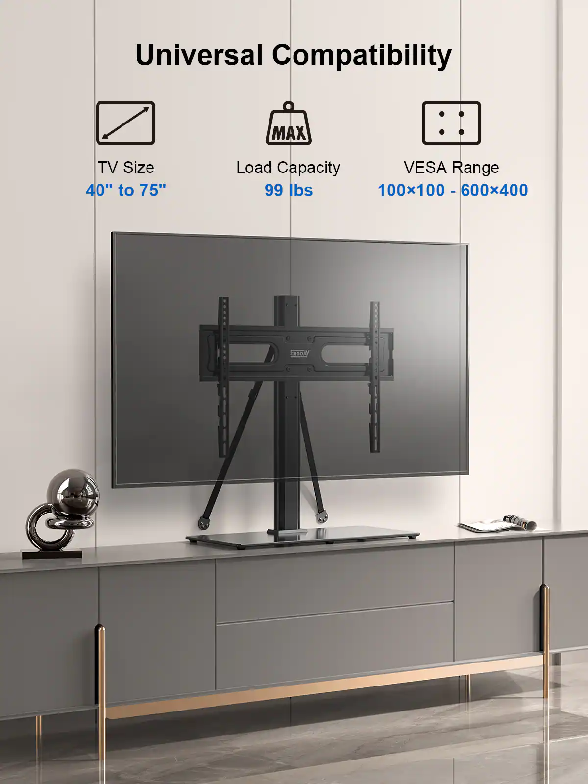 Universal Compatibility: MAX TV Size: 40" to 75" Load Capacity: VESA Range 99 lbs 100x100 - 600x400 - CNo
