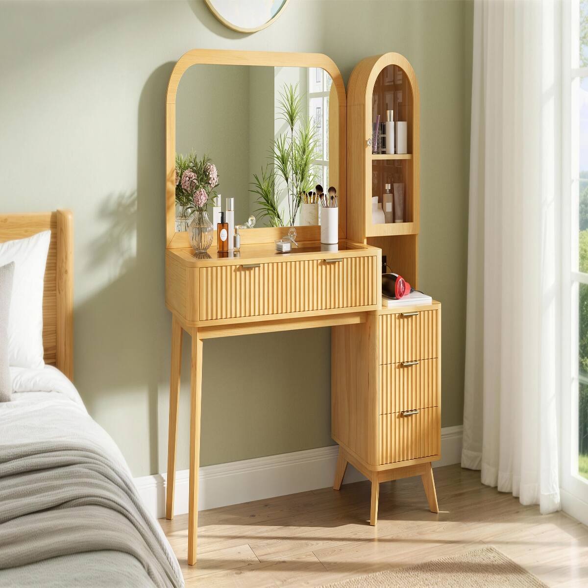 Alt View 7. Loheer - Loheer 48 inch makeup vanity desk with large 32 inch mirror, fluted design and charging station - Natural.