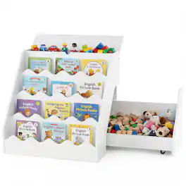 Costway - Kids' Bookshelf & Toy Storage Organizer with Rolling Drawer Cart, 4 Tier Book Shelf - White