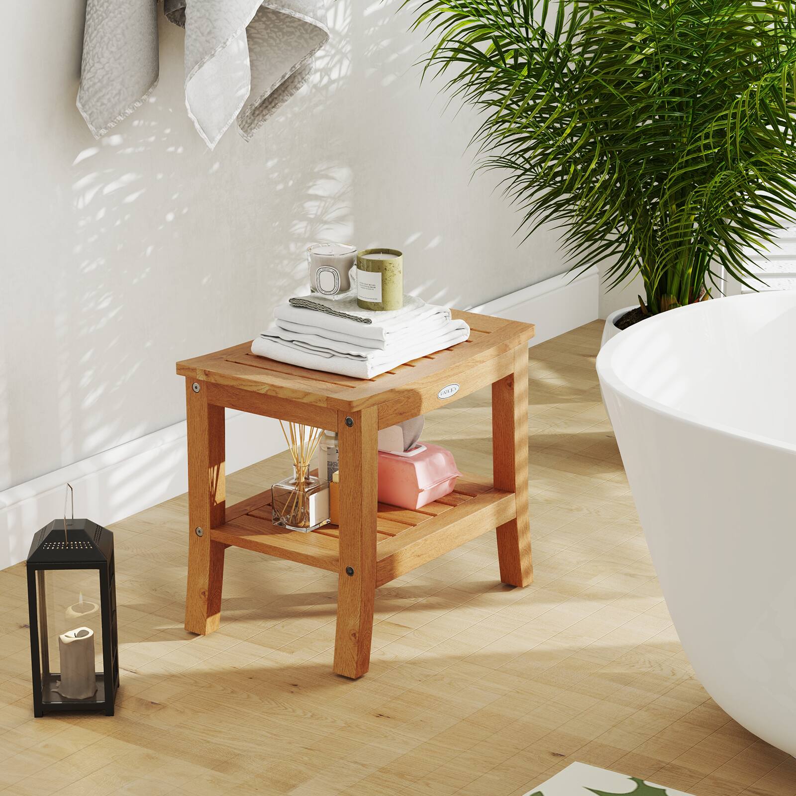 Alt View 4. Gymax - Gymax 20'' Non-slip Shower Bench w/ Storage Shelf Curved Top & Adjustable Foot Pads - Natural.