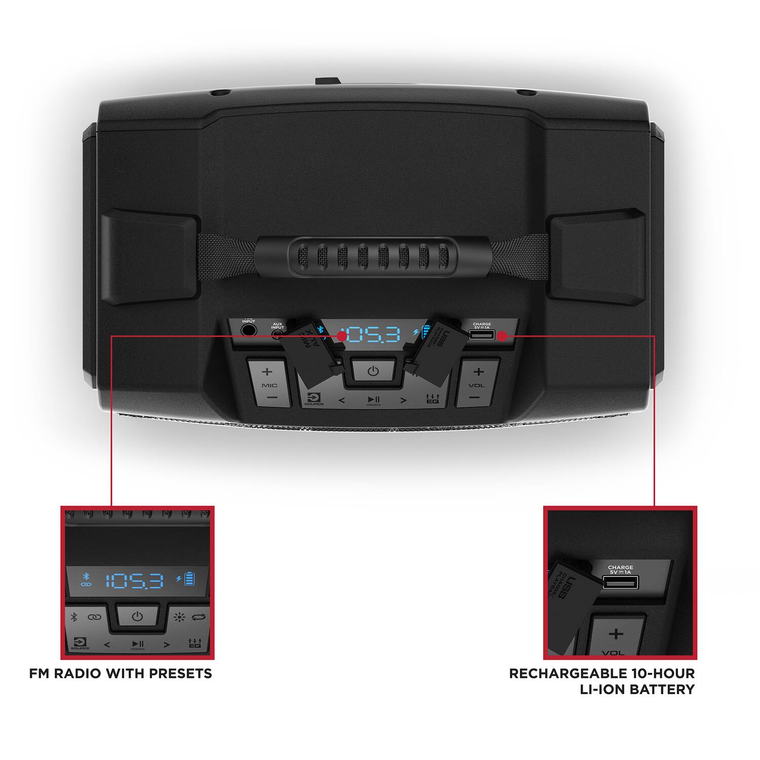 FM RADIO WITH PRESETS  
RECHARGEABLE 10-HOUR LI-ION BATTERY