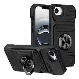 Dteck - Rugged Case For Apple iPhone 17e/ iPhone 16e Ring Holder Kickstand Magnetic Car Mount Hidden Card Slot Shockproof Cover - Black