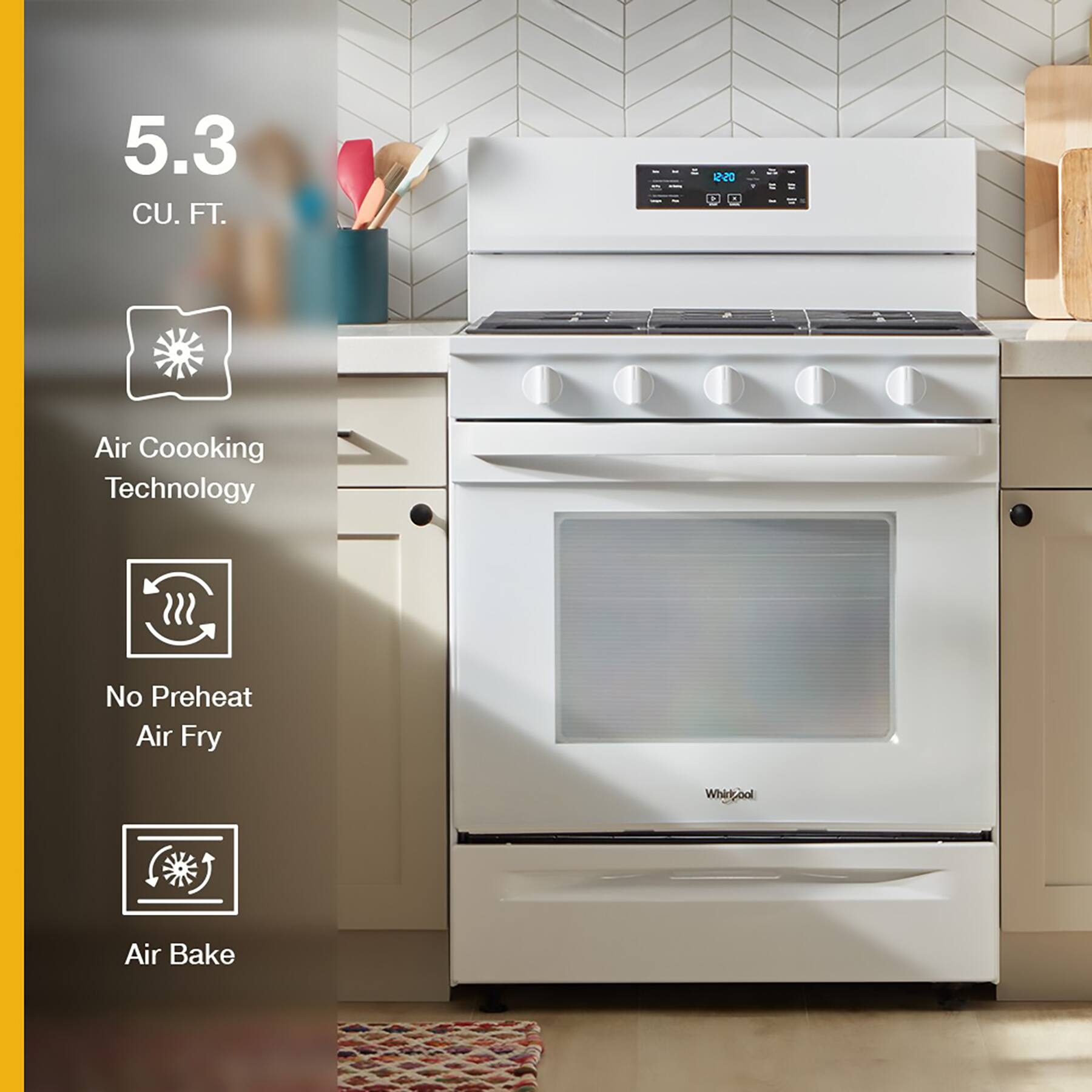 The text on the image reads: "5.3 CU. FT. 120 Air Cooking Technology No Preheat Air Fry Whirkoal Air Bake." This text is grouped and corrected as follows:

"5.3 CU. FT. 120 Air Cooking Technology No Preheat Air Fry Whirkoal Air Bake."

The text describes the features of a stove, including its air cooking technology, no preheat air fry, and Whirkoal air bake capabilities. It also indicates that the stove has a capacity of 5.3 cubic feet.