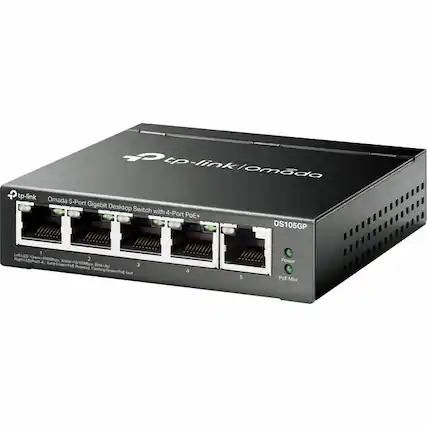 tp-link Omada 5-Port Gigabit Desktop Switch with 4-Port PoE+ DS105GP
- Left LED: Green (100Mbps), Yellow (1000Mbps), Blink (Act)
- Right LED: Port 1-4 (Solid Green = Powered, Flashing Green = PoE Fault)
- Port 5: Power, POE Max