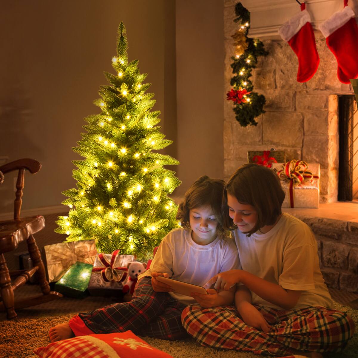 Alt View 19. Costway - 5ft Pre-lit PVC Artificial Half Christmas Tree 250 LED Lights - Green.