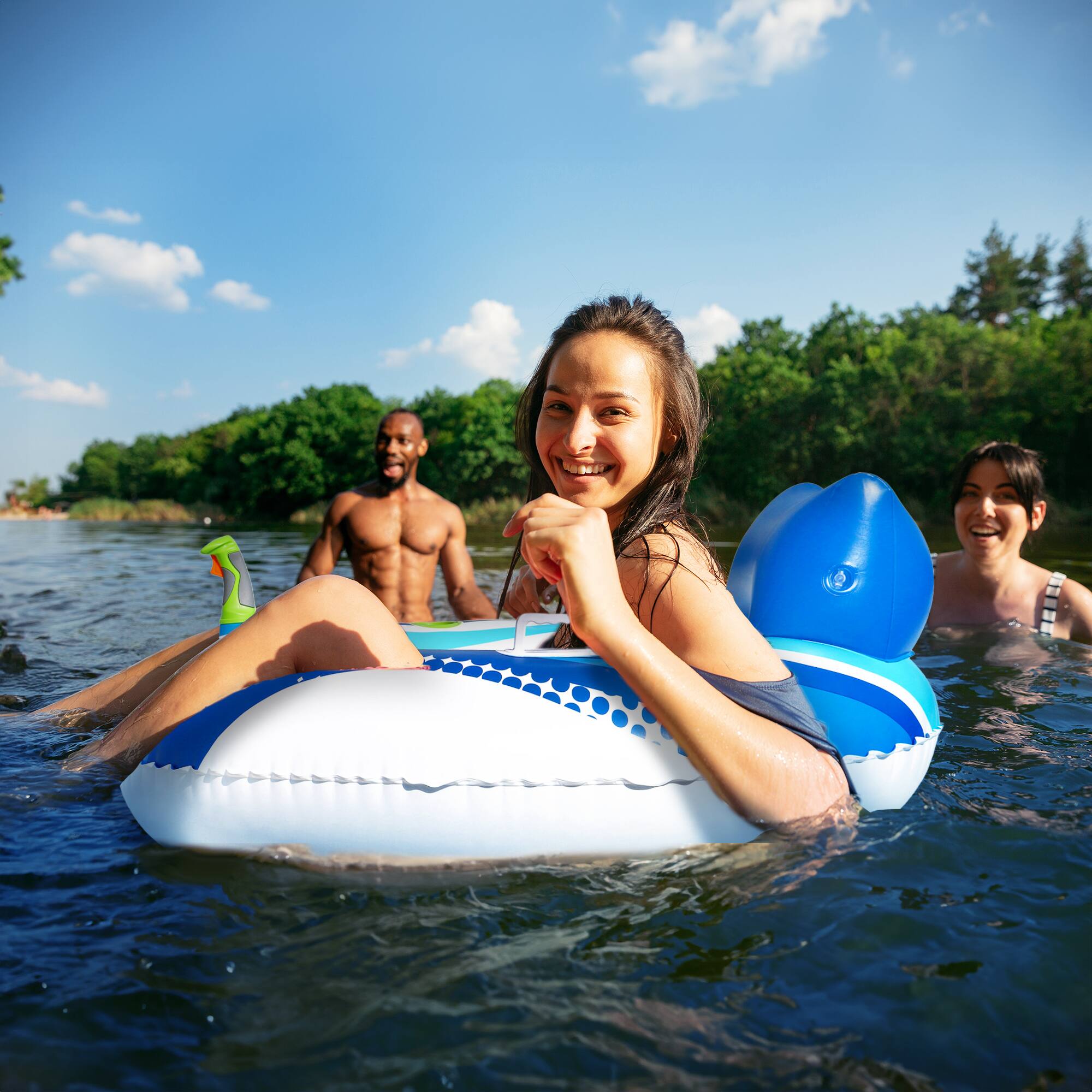 Alt View 2. Banzai - Banzai Motorized Battery Powered Inflatable Pool Cruiser Float for Teens/Adults - Blue/White.