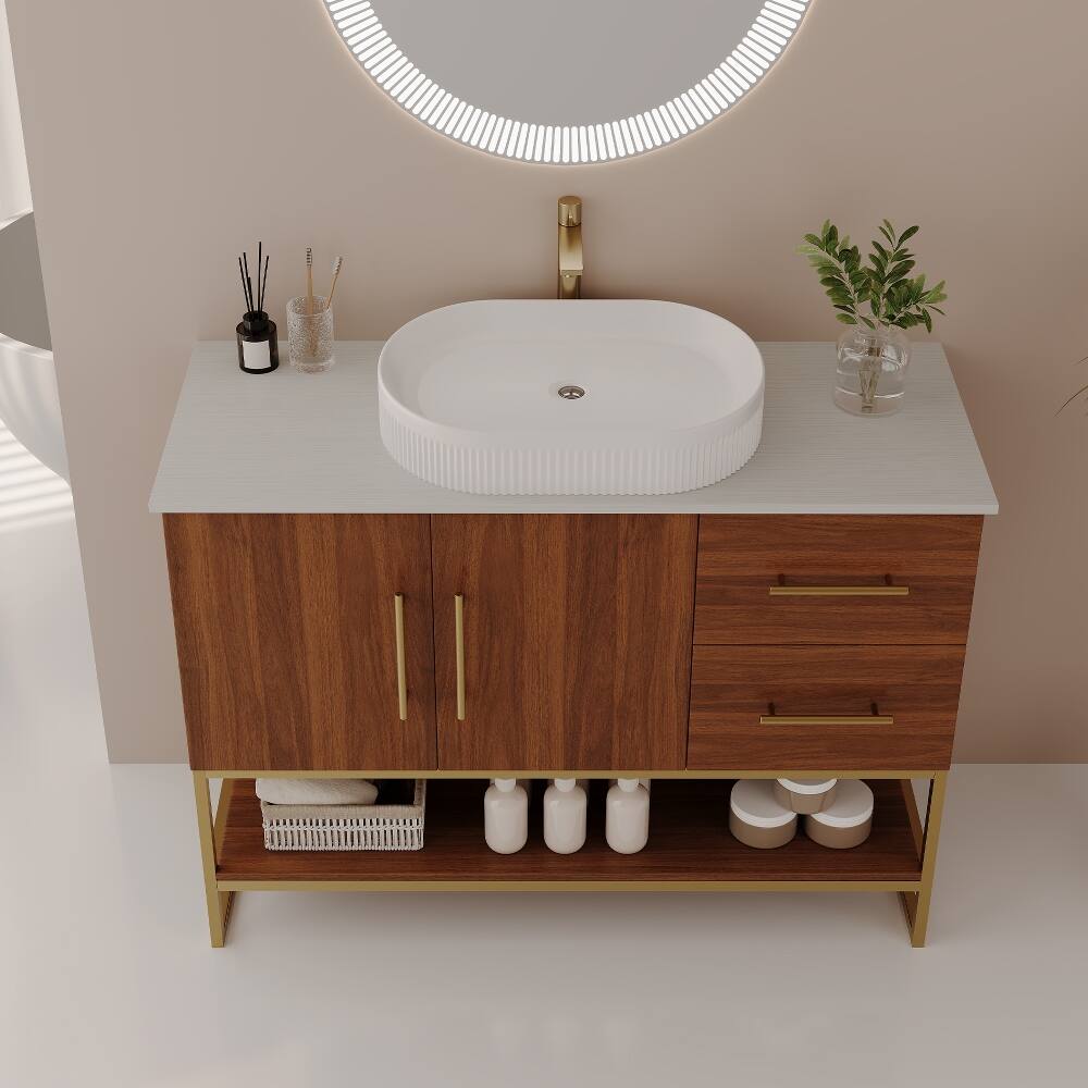 Loheer - 36 inch Modern Bathroom Vanity Walnut Freestanding Cabinet with Ceramic Vessel Sink - Walnut, Gold, White