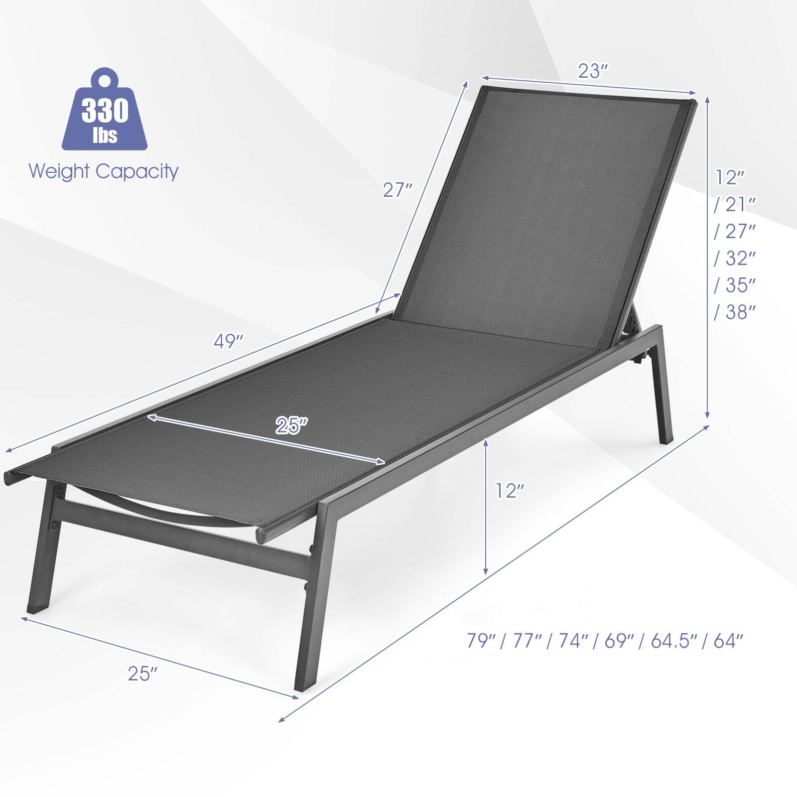 330 lbs Weight Capacity

49" 27" 23" 12" / 21" / 27" / 32" / 35" / 38" 25" 12" 25" 79" / 77" / 74" / 69" / 64.5" / 64"