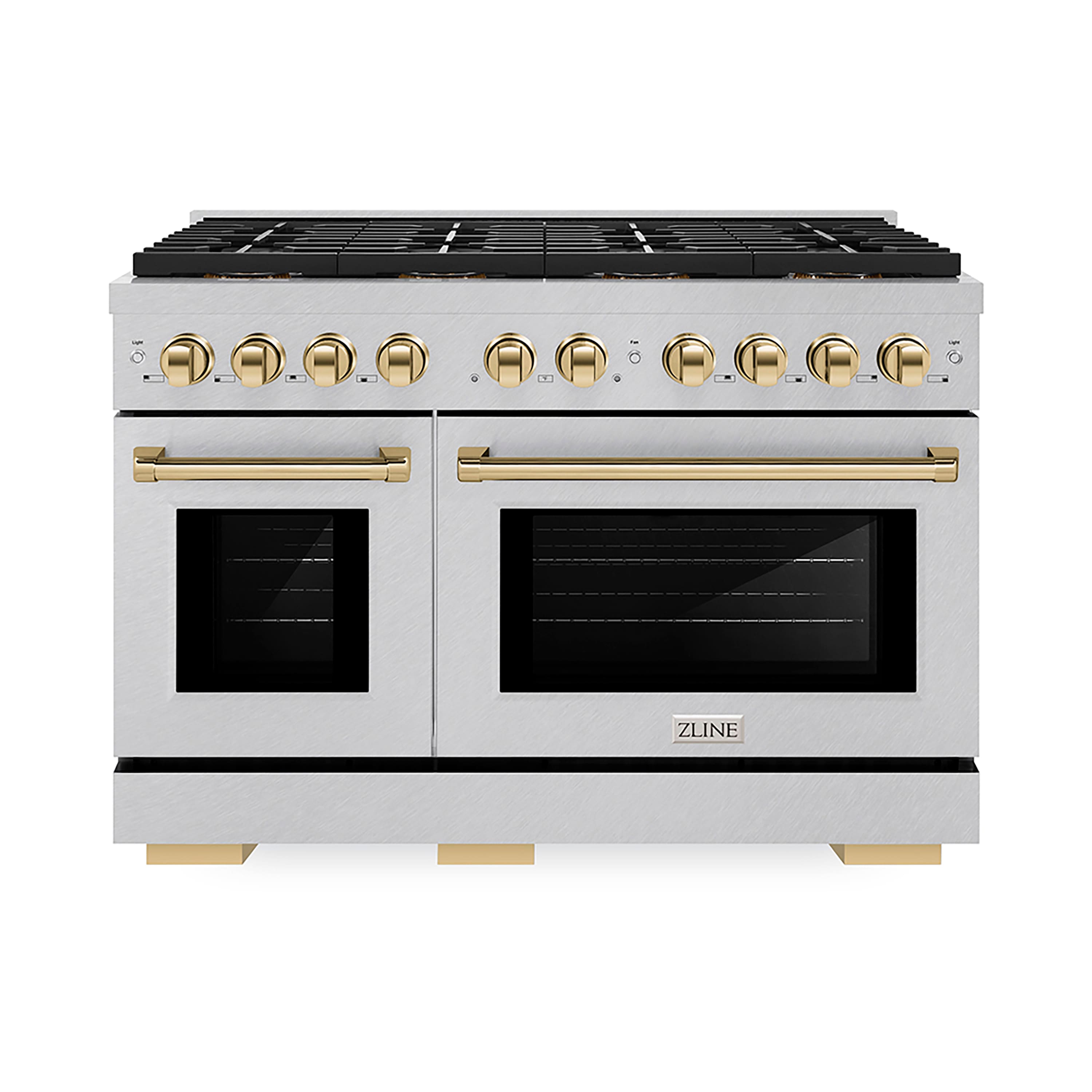 Front. ZLINE - 48 in. Wide 8 Burner Autograph 6.7 cu. ft. Freestanding Paramount Gas DuoPro Range in Satin Steel and Polished Gold - Stainless Steel.