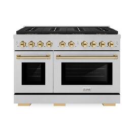 ZLINE - Autograph 48 in. 6.7 cu. ft. Freestanding Paramount Gas DuoPro Range in Satin Steel and Polished Gold Accents - Stainless Steel