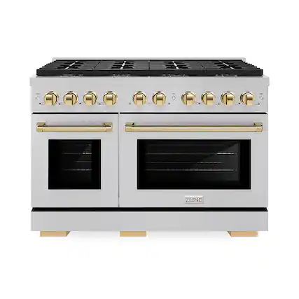 Front. ZLINE - ZLINE Autograph 48 in. 6.7 cu. ft. Freestanding Paramount Gas DuoPro Range in Satin Steel and Polished Gold Accents - Stainless Steel.