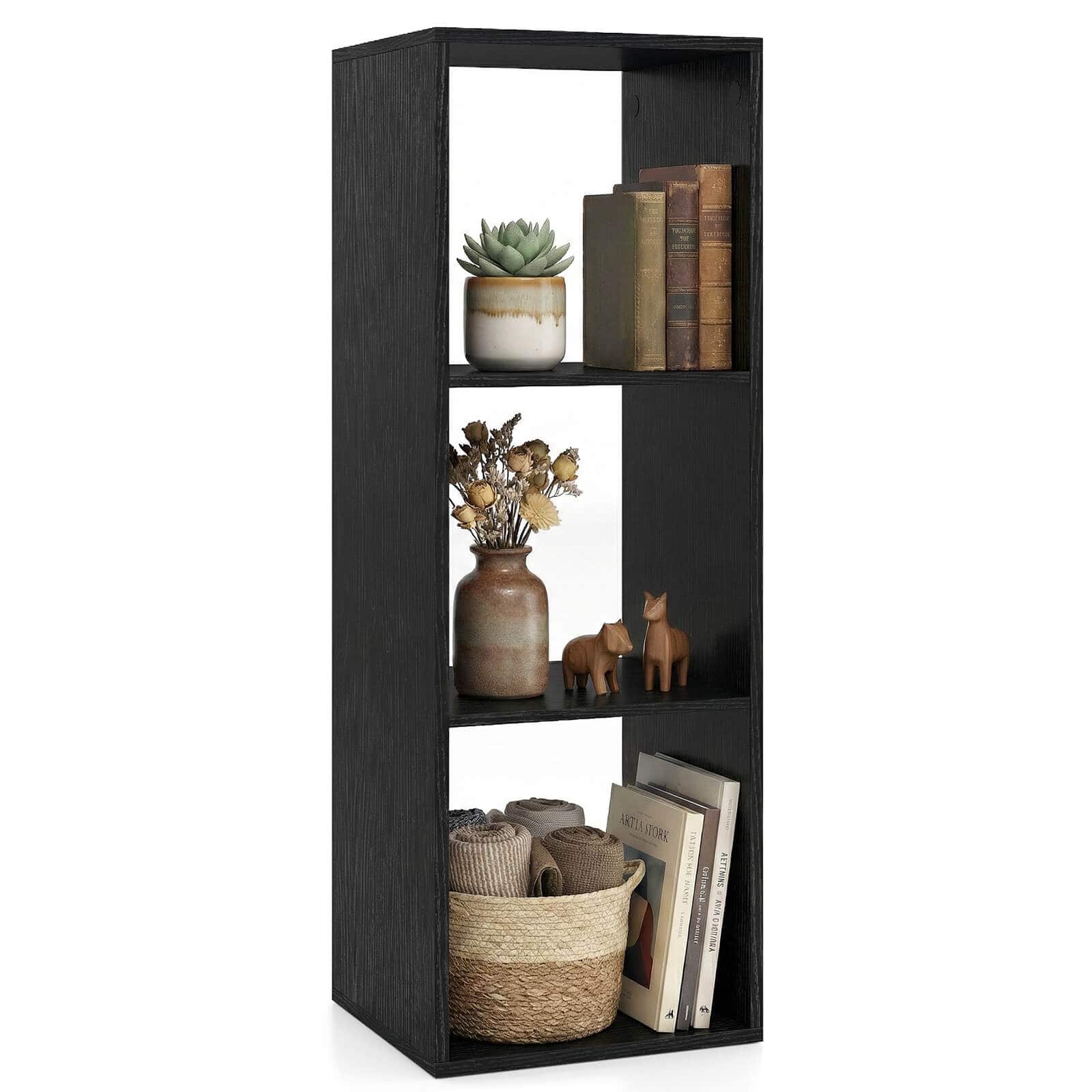 Costway - 3-Cube Bookshelf, Modern Vertical Bookcase with Back Guardrail & Anti-tipping Kits - Black