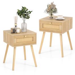 Gymax - 2 PCS Nightstand Bedside Sofa Table with Rattan Drawer for Bedroom & Living Room - Natural