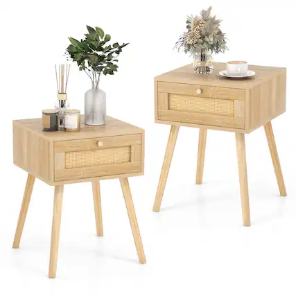 Front. Gymax - Gymax 2 PCS Nightstand Bedside Sofa Table with Rattan Drawer for Bedroom & Living Room - Natural.