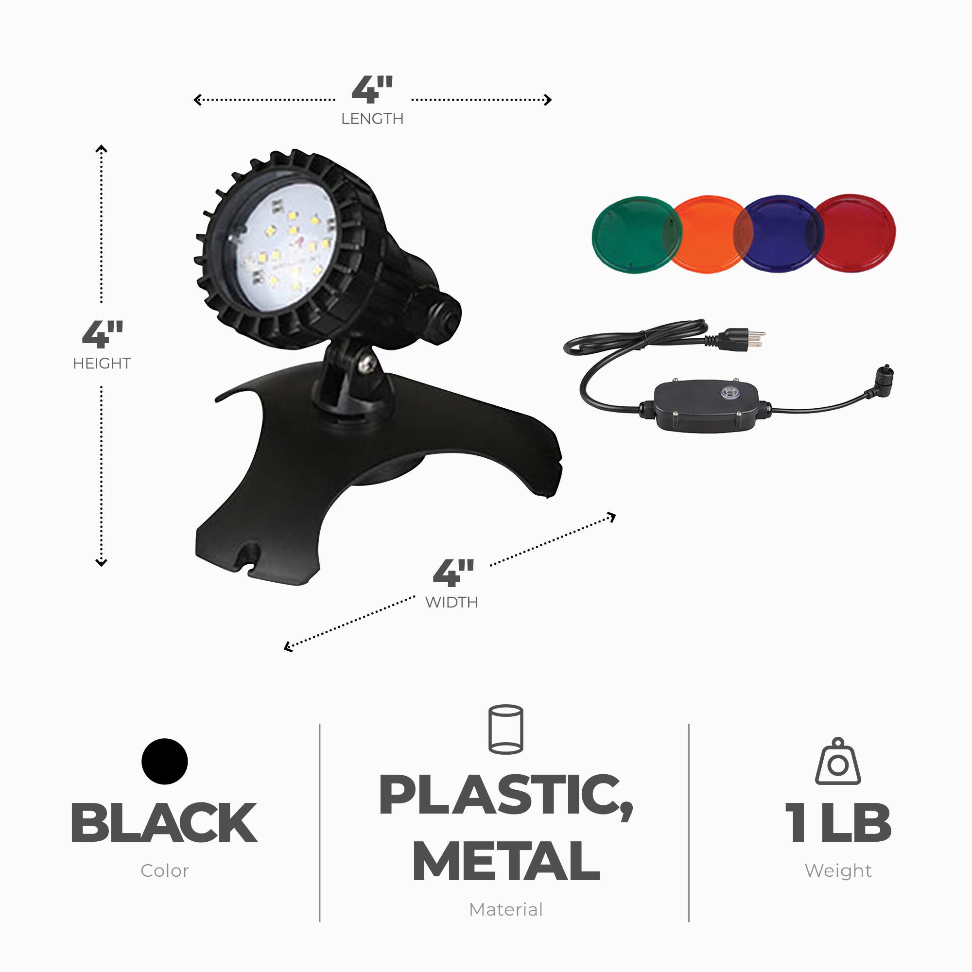 4" LENGTH 4" HEIGHT 4" WIDTH BLACK PLASTIC, Color METAL Material 1 LB Weight