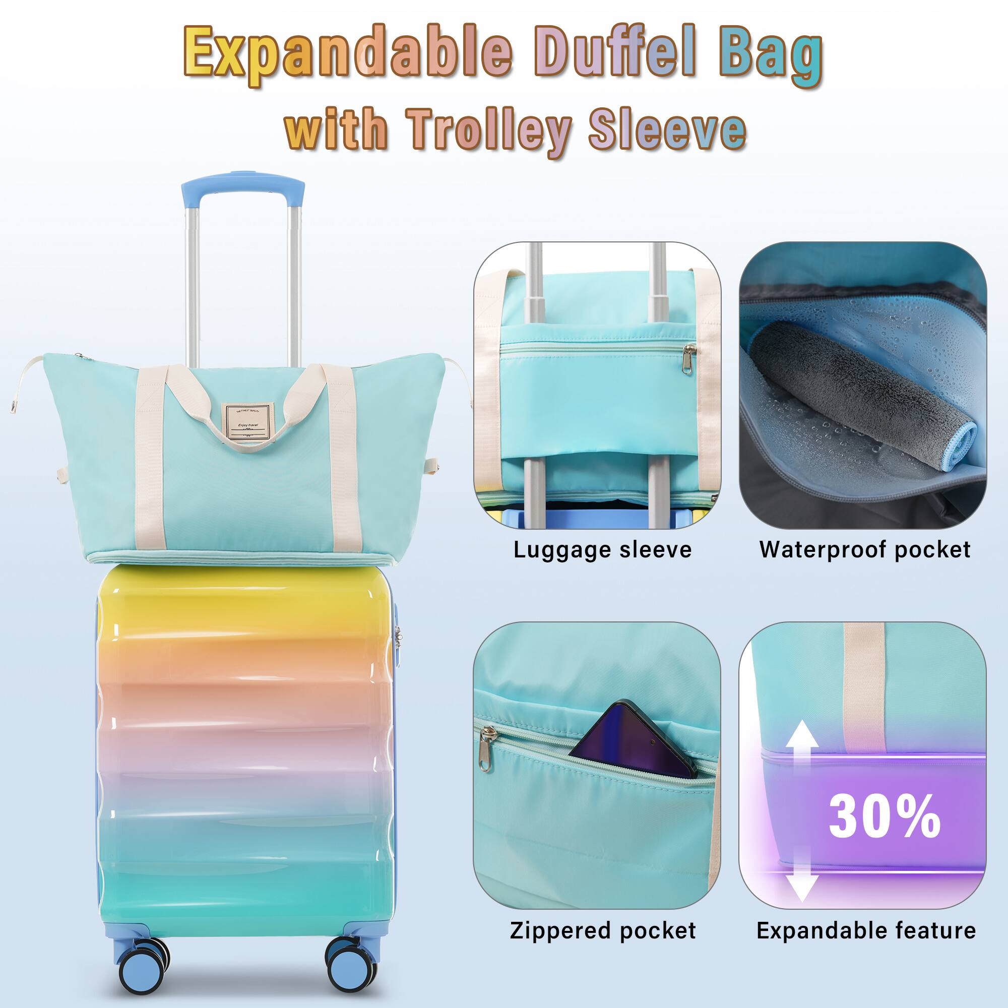 Expandable Duffel Bag with Trolley Sleeve

- Luggage sleeve
- Waterproof pocket
- Zippered pocket
- Expandable feature (30% increase)