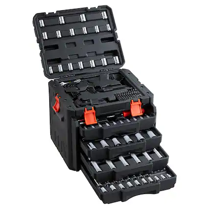 Front. VEVOR - Mechanics Tool Set, 230-Piece Mechanic Tool Kit, 1/4 in, 3/8 in, and 1/2 in Drive, SAE and Metric Socket Set, Wrenches - Black.