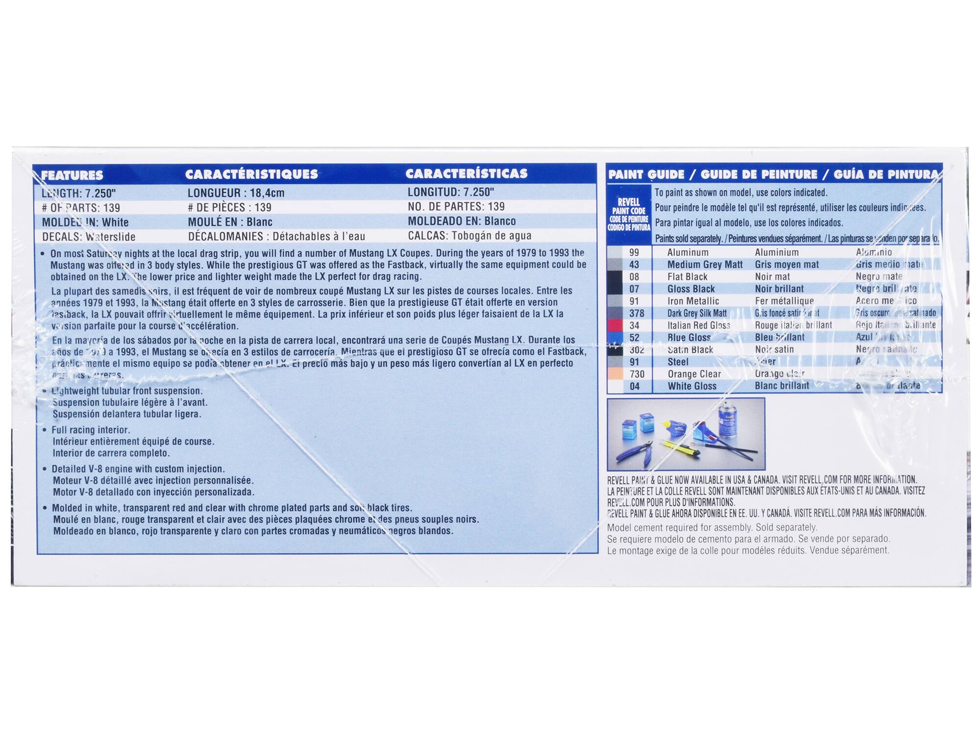 **FEATURES**

- LENGTH: 7.250"
- # OF PARTS: 139
- MOLDED IN: White
- DECALS: Waterslide

**CARACHTÉRISTIQUES**

- LONGUEUR: 18.4cm
- # DE PIÈCES: 139
- MOULÉ EN: Blanc
- DÉCALOMANIES: Détachables à l'eau

**CARACTERÍSTICAS**

- LONGITUD: 7.250"
- NO. DE PARTES: 139
- MOLDEADO EN: Blanco
- CALCAS: Tobogán de agua

**PAINT GUIDE / GUIDE DE PEINTURE / GUÍA DE PINTURA**

- To paint as shown on model, use colors indicated.
- Pour peindre le modèle tel qu'il est représenté, utilisez les couleurs indiquées.
- Para pintar igual al modelo, use los colores indicados.

**Paints sold separately. / Peintures vendues séparément. / Las pinturas se venden por separado.**

- Medium Grey Matt
- Flat Black
-