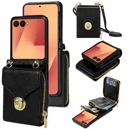 Dteck - Crossbody Wallet Case for Samsung Galaxy Z Flip8, Shockproof PU Leather Cover with Zipper Pocket and Card Slots - Black