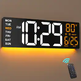 Easyera - 16.5" Large Digital Wall Clock with Anti-Glare Display, RGB Lights with 10 Scenes Mode Remote Control, Auto DST, BT Sync - Black