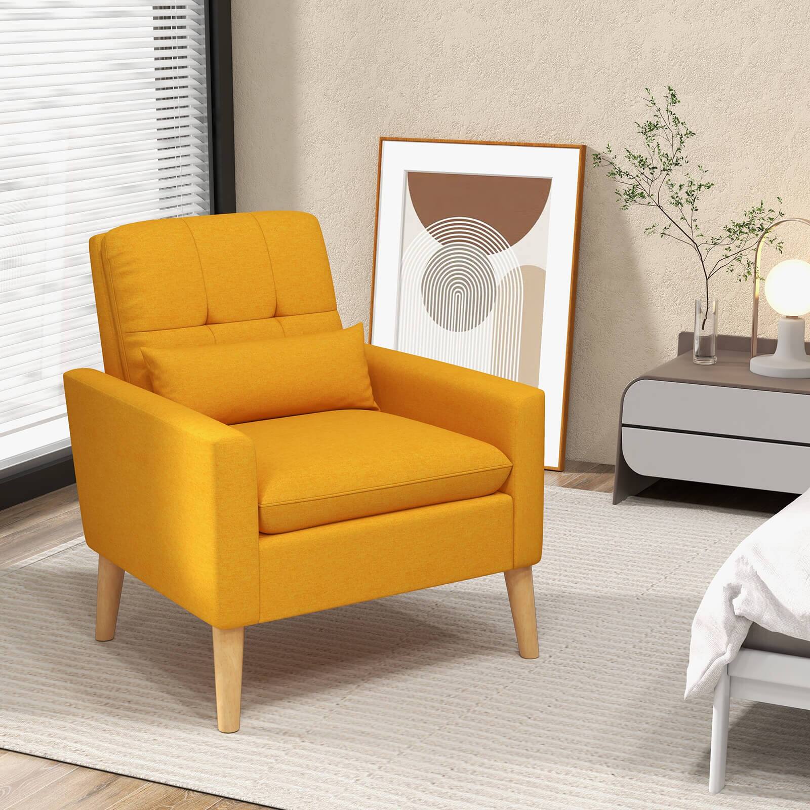Alt View 11. Costway - Mid-Century Modern Linen Accent Chair with Lumbar Pillow - Yellow.