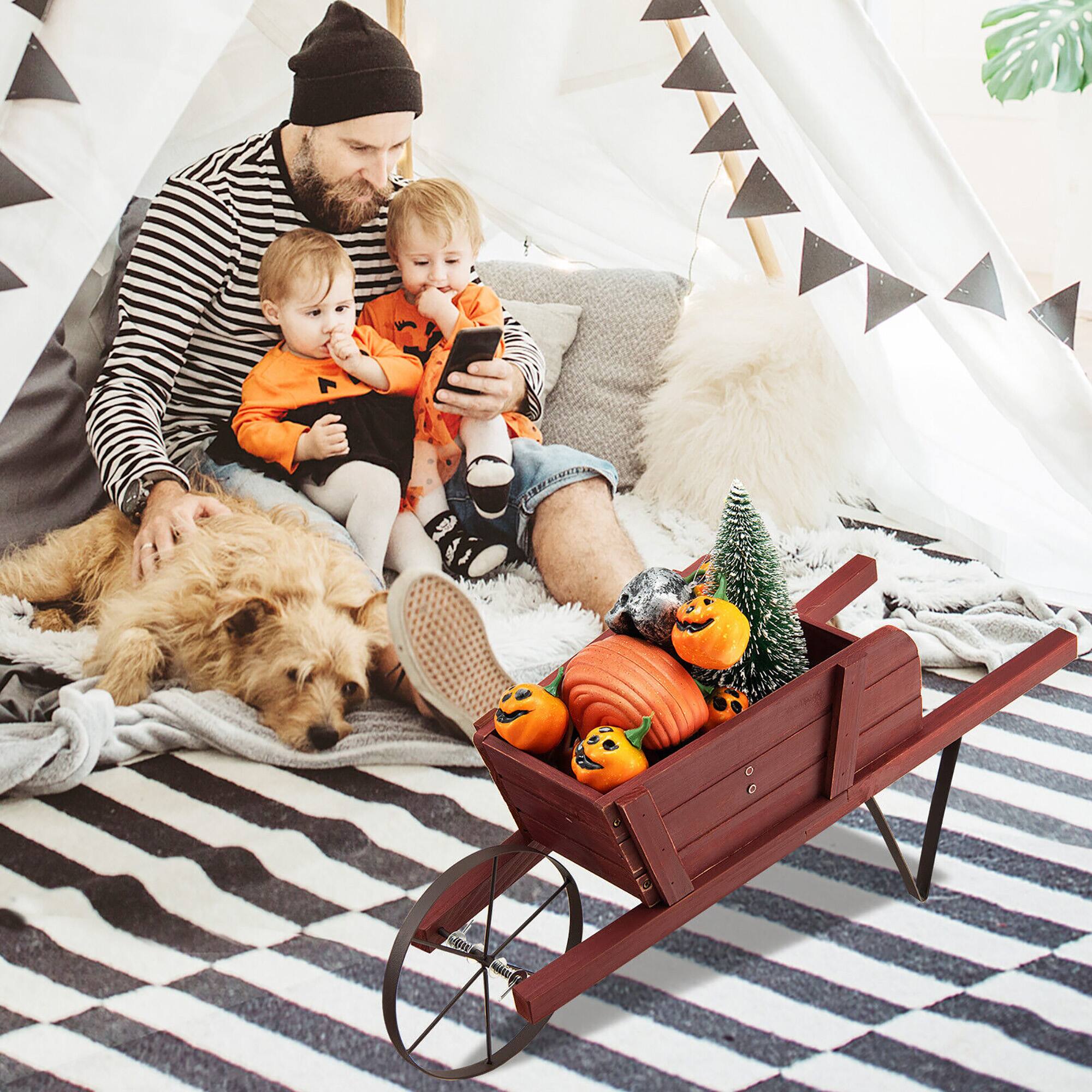 Alt View 3. Gymax - Gymax Wooden Wagon Planter Decorative Indoor/ Outdoor Rustic Flower Cart w/ Wheel Red - Red.