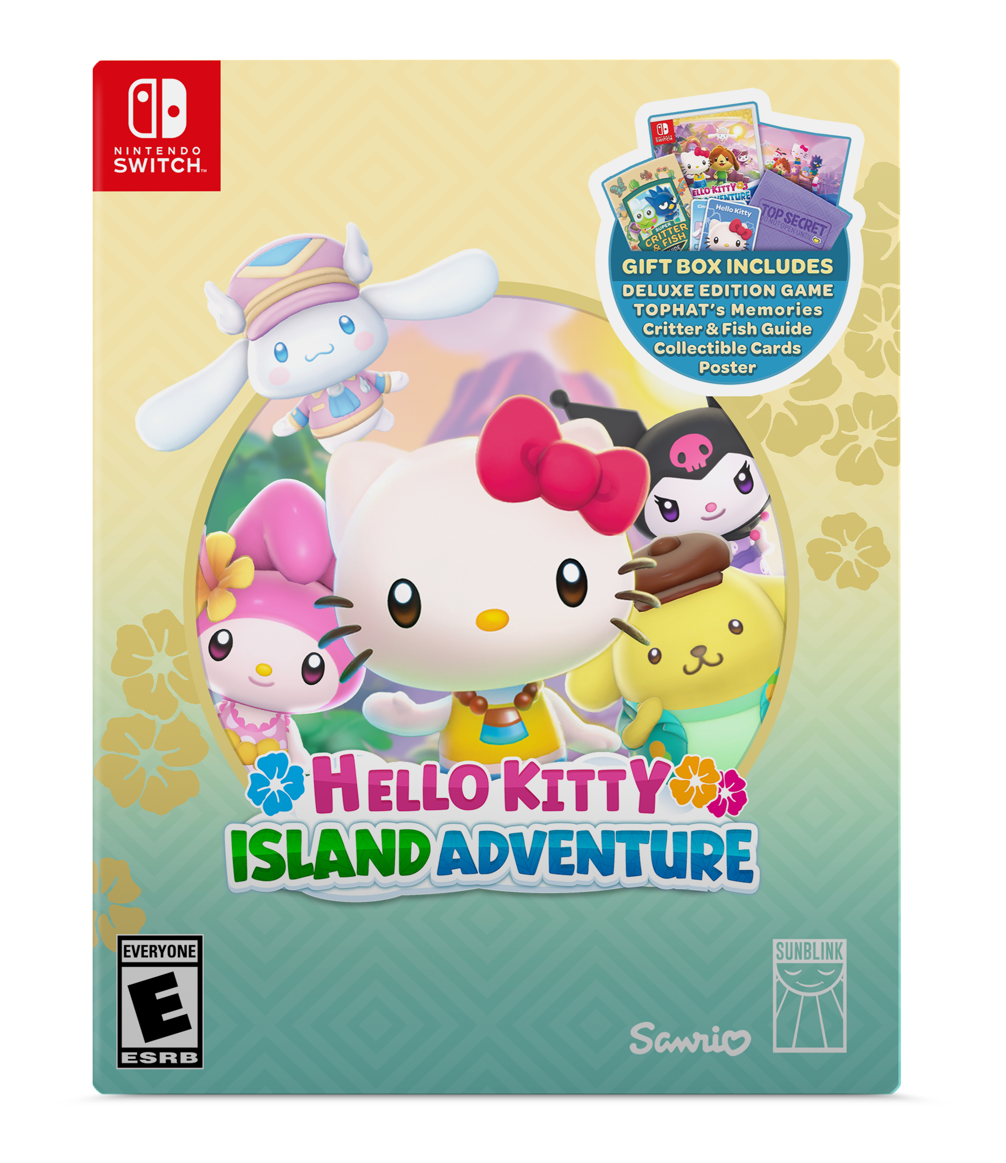 NINTENDO SWITCH. HELLO KITTY ISLAND ADVENTURE EVERYONE E ESRB SUNBLINK Sanrio GIFT BOX INCLUDES DELUXE EDITION GAME TOPHT's Memories Critter & Fish Guide Collectible Cards Poster 3 - WAD ELLORITTYOS ON - Palto 111E TOP Po d SECRET RITTER FIH PNUE CH