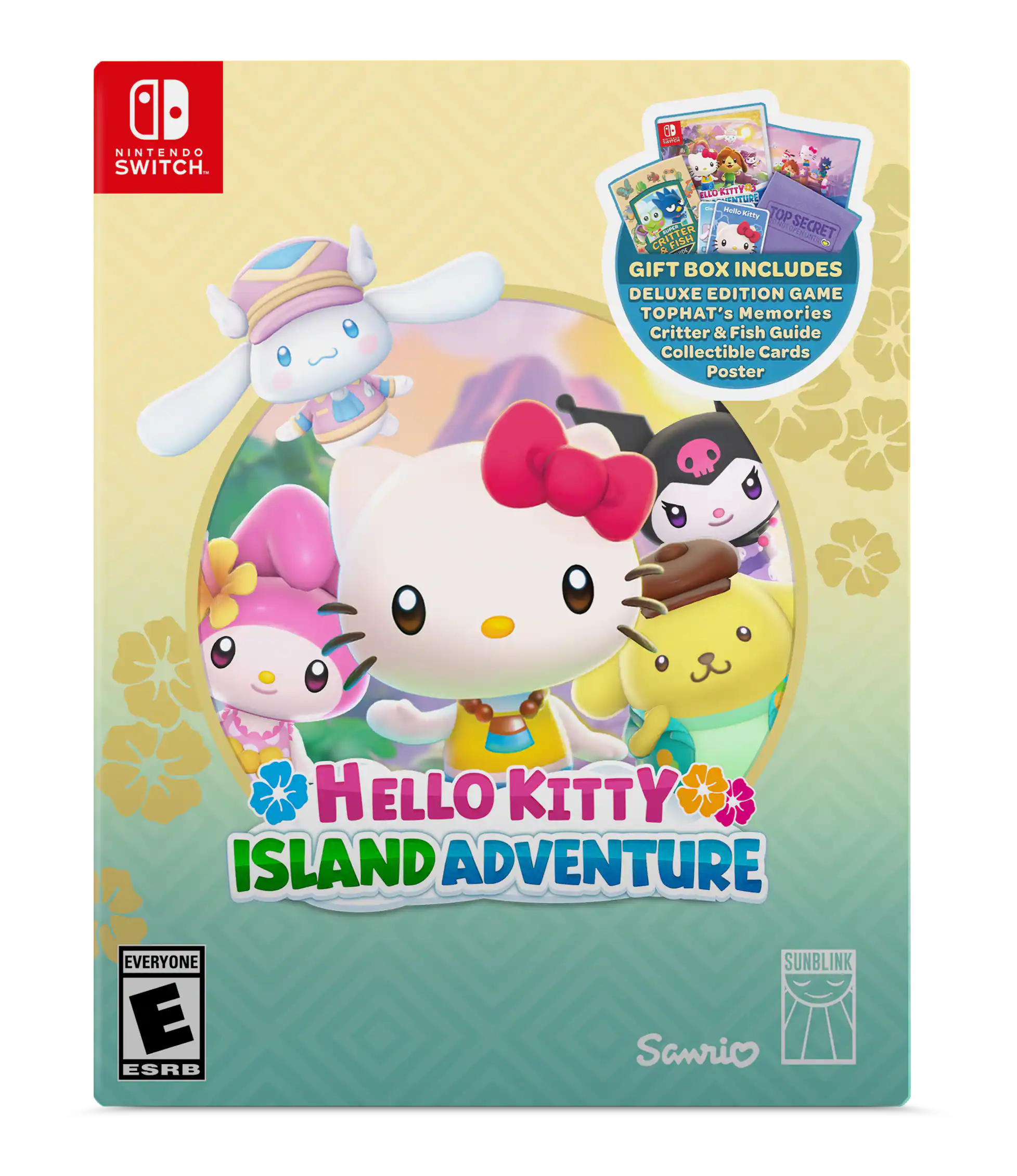 NINTENDO SWITCH. HELLO KITTY ISLAND ADVENTURE EVERYONE E ESRB SUNBLINK Sanrio GIFT BOX INCLUDES DELUXE EDITION GAME TOPHT's Memories Critter & Fish Guide Collectible Cards Poster 3 - WAD ELLORITTYOS ON - Palto 111E TOP Po d SECRET RITTER FIH PNUE CH - E (Everyone)