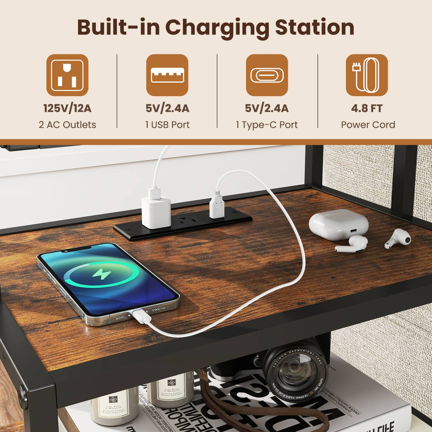 Built-in Charging Station  
125V/12A 2 AC Outlets  
5V/2.4A 1 USB Port  
5V/2.4A 1 Type-C Port  
4.8 FT Power Cord
