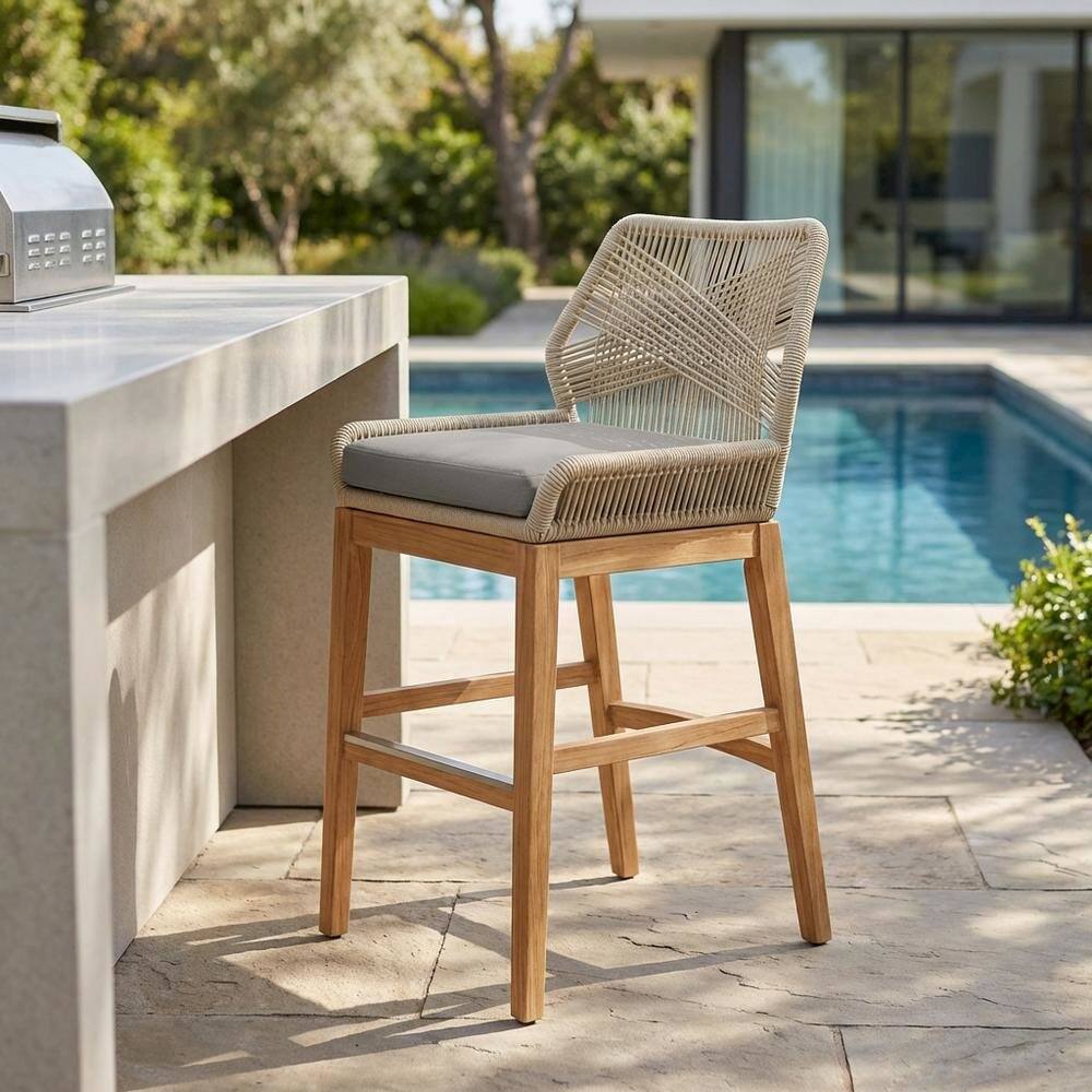 Left. Outdoor Escape - Teak, Rope Outdoor Counter Stool, Weather-Resistant Material, Patio Use - Gray.