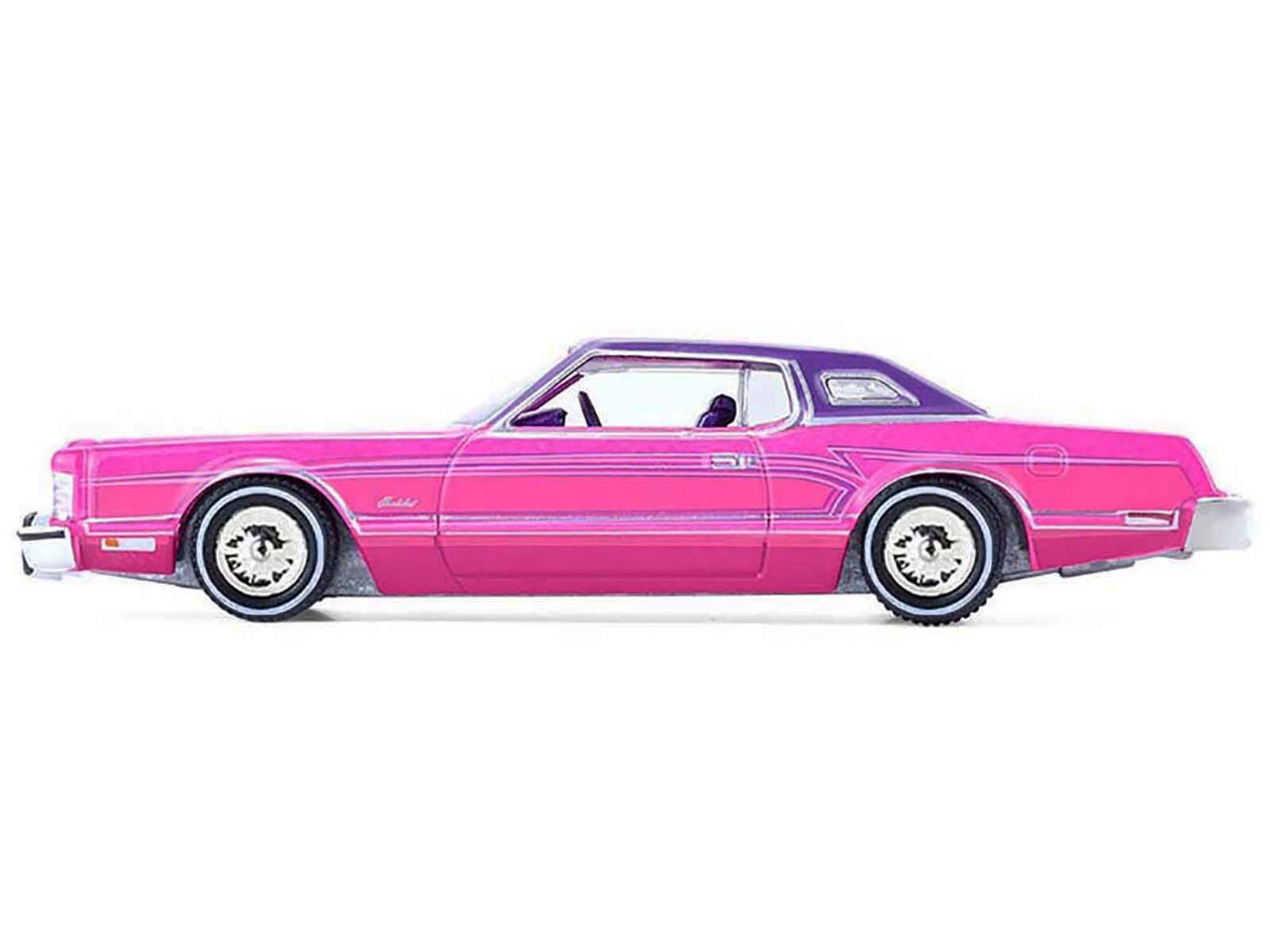 Alt View 2. Greenlight - 1975 Ford Thunderbird Lowrider Pink Metallic with Purple Top & Graphics & Interior 1/64 Scale Model Cars by Greenlight.