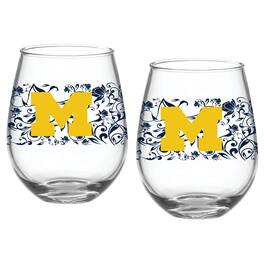 Indigo Falls - Michigan Wolverines Two-Pack 15oz. Floral Stemless Glass Set - Multicolor